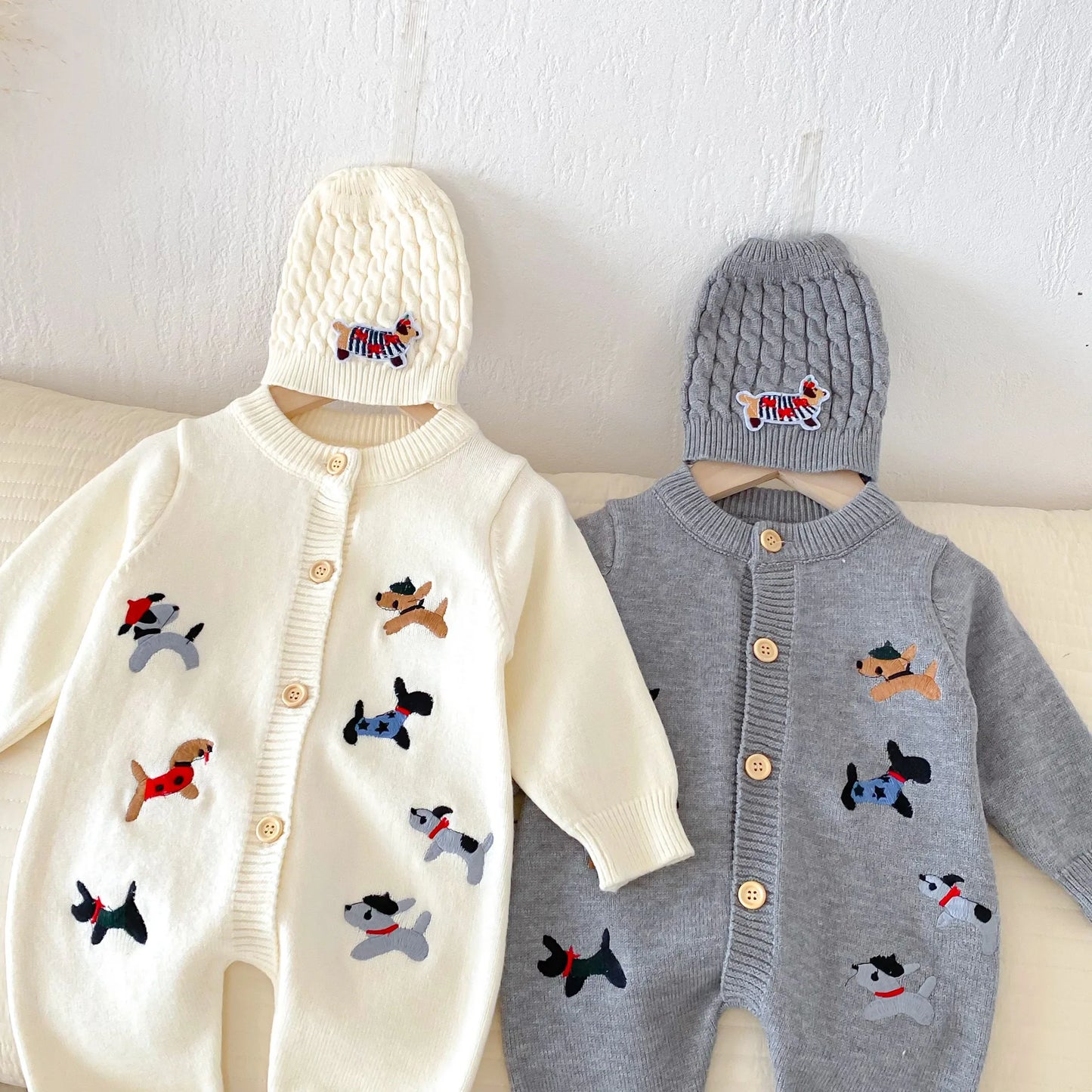 2Pcs Autumn and Winter Baby Clothes Cute Cartoon Dog Newborn Clothes Knitted Warm Boys and Girls Baby Jumpsuit+Hat Set