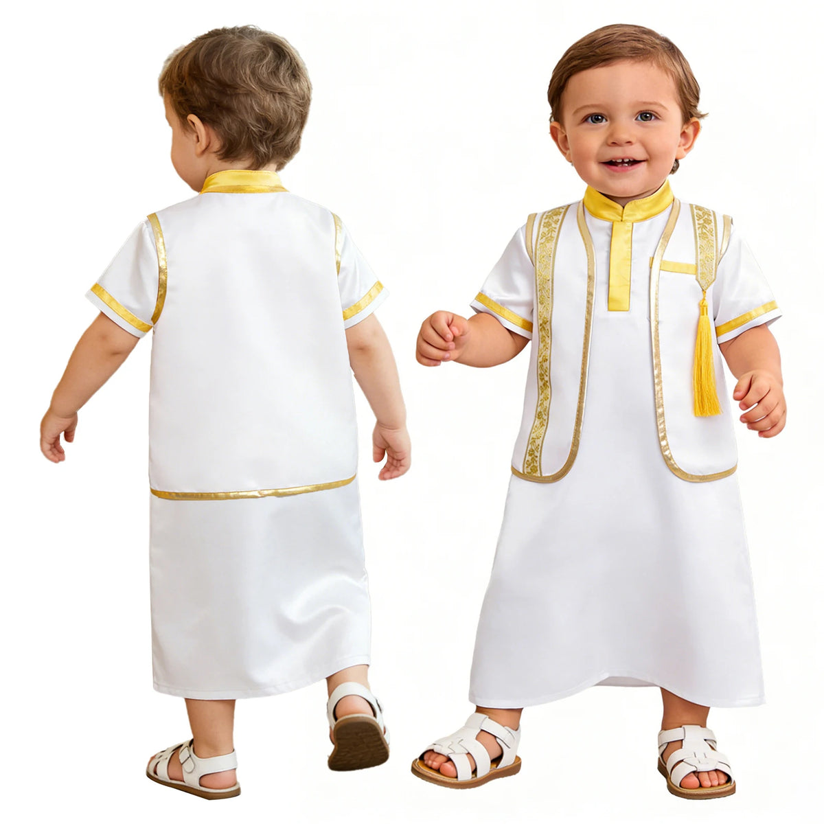 Muslim Baby Boys Robe Ramadan Eid Abaya Set Metallic Trim Arabic Islamic Kaftan Thobe Satin Gown with Open Front Tassel Vest