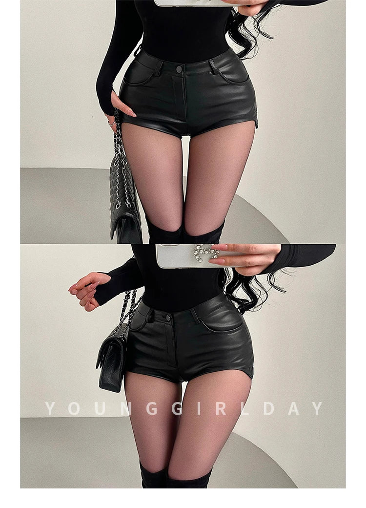 Sexy High Waist PU Leather Shorts Women's Tight Fit Hot Pants Long Legs Enhancing Hip Shape Arc Design Daily Wear Shorts