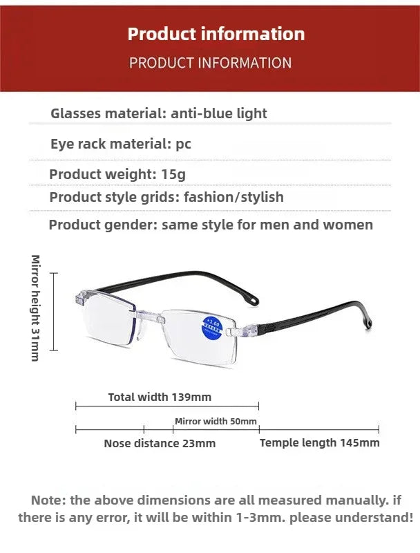 Anti Blue Light Reading Glasses HD Photochromic Lightweight Rimless Presbyopic Glasses For Men Women Seniors Business Style New