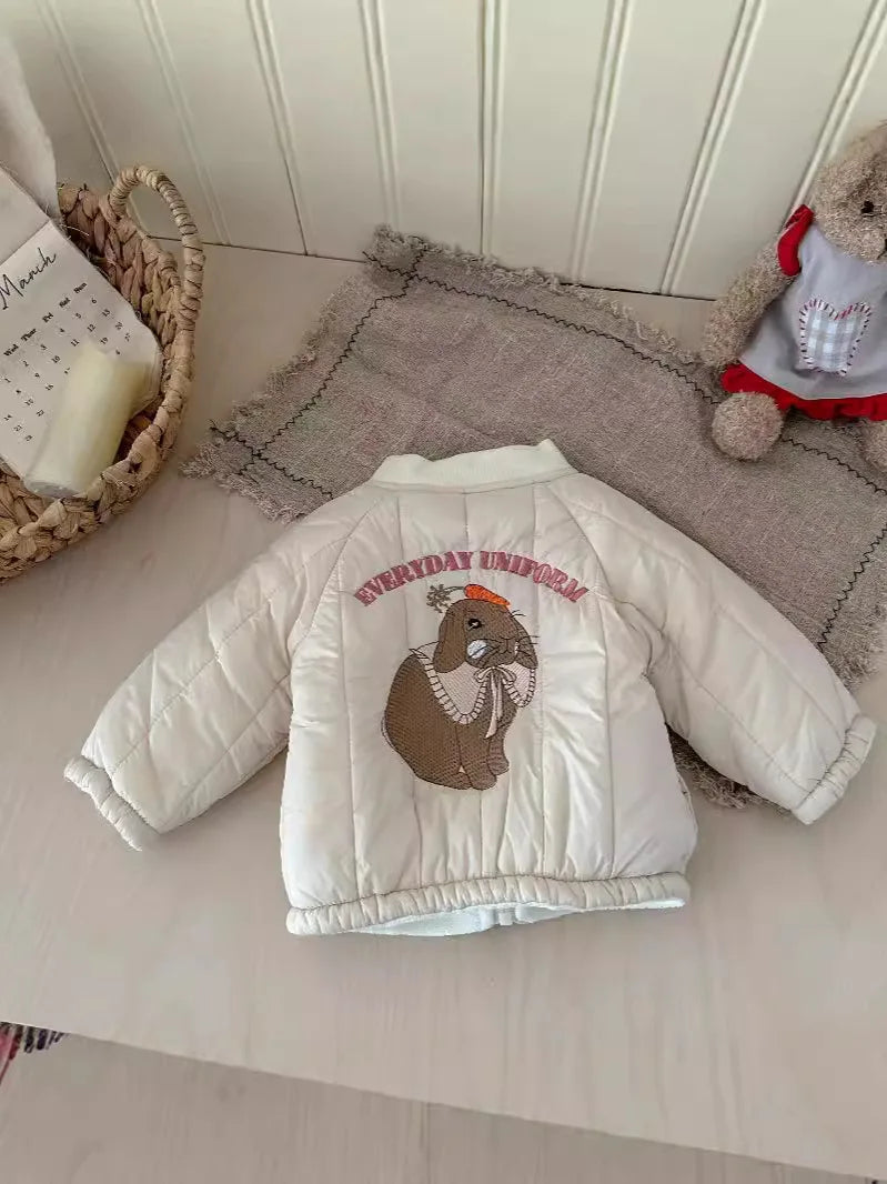 2025 Winter New Baby Fleece Warm Coat Cartoon Embroidery Boys Girls Cotton Padded Jacket Plus Velvet Thick Kids Quilted Jacket
