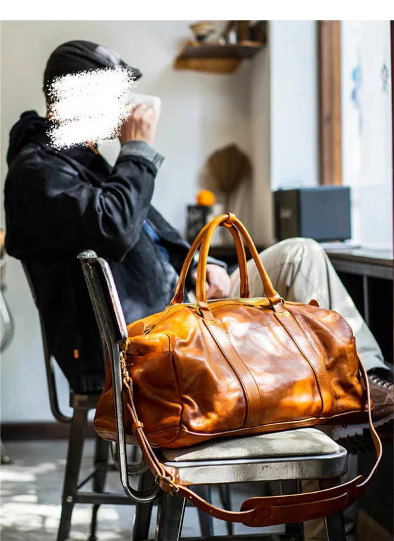 Vintage fashion luxury genuine leather men's travel bag outdoor weekend large capacity crossbody bag real cowhide women handbag