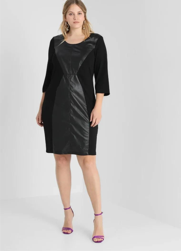 Plus Size Elegant Office Dress Women Quarters Sleeve Knee Length Solid Black Pu Dress Ladies Large Size Sheath Spring Dress 6XL