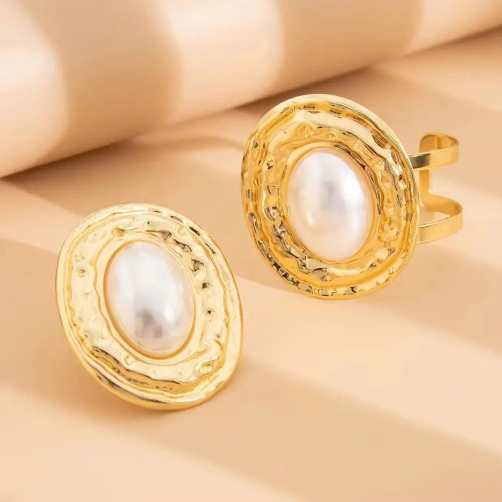2pcs/set Exaggerated Bracelets Rings Set Irregular Geometric Jewelry Sets Gold Silver Color Elliptical Wide Bracelets