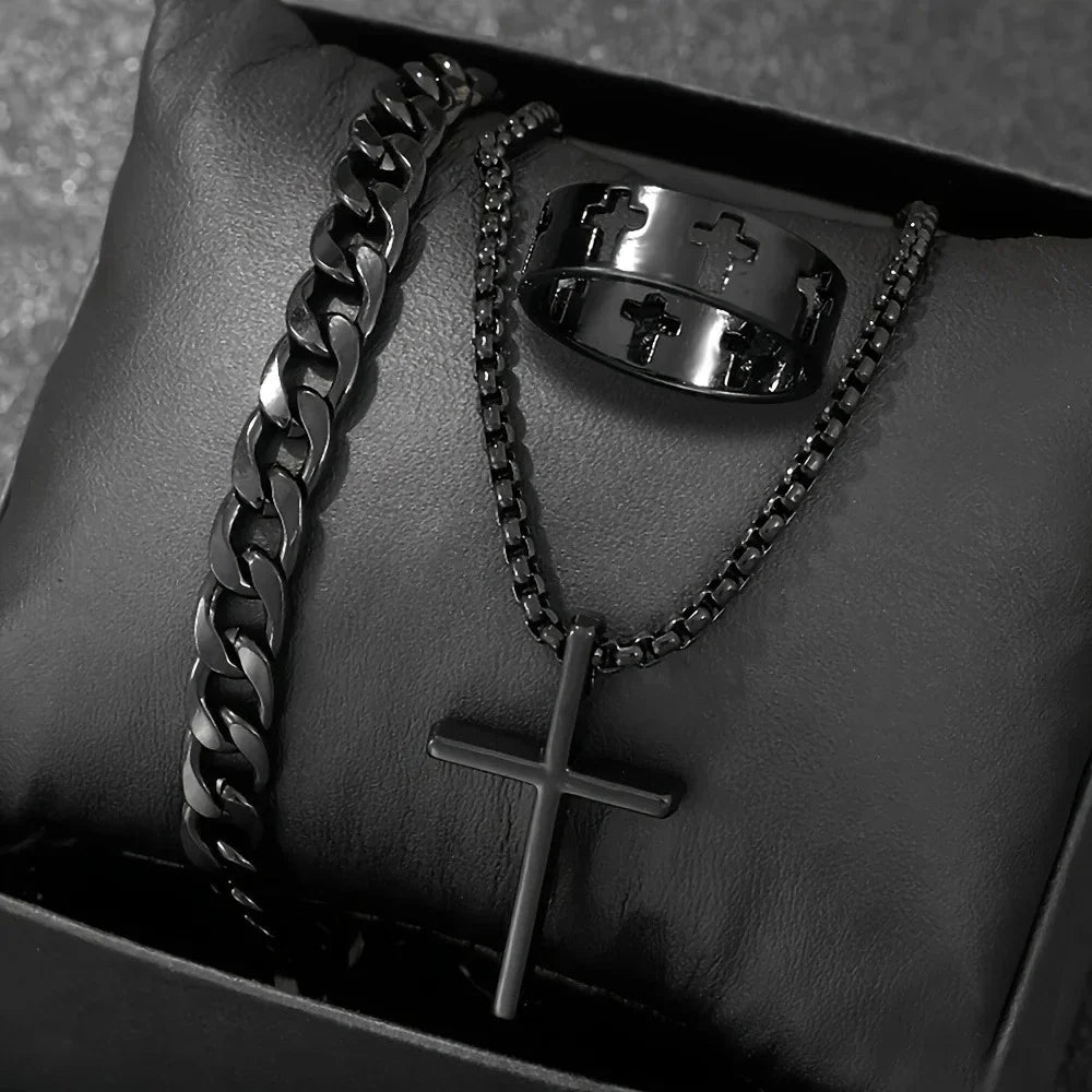 Men's 3pcs Fashion Alloy Jewelry Set - Cross Pendant Necklace, Bracelet & Ring Combo