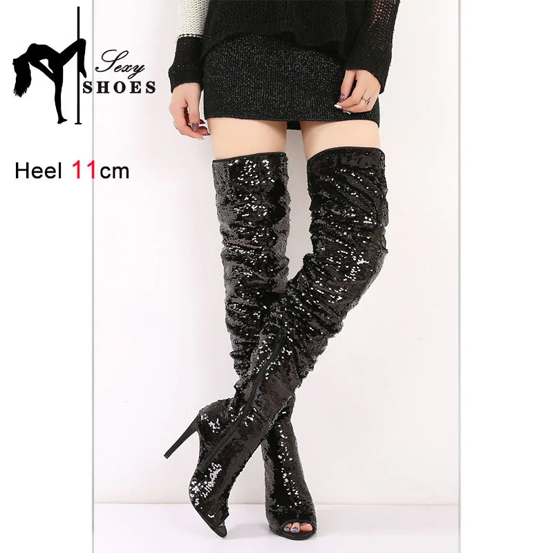 Fashion Wrinkle Women Long Boots Blue Sequined High Heels 11CM Nightclub Queen Peep Toe Shoes Shiny Over The Knee Boots Female