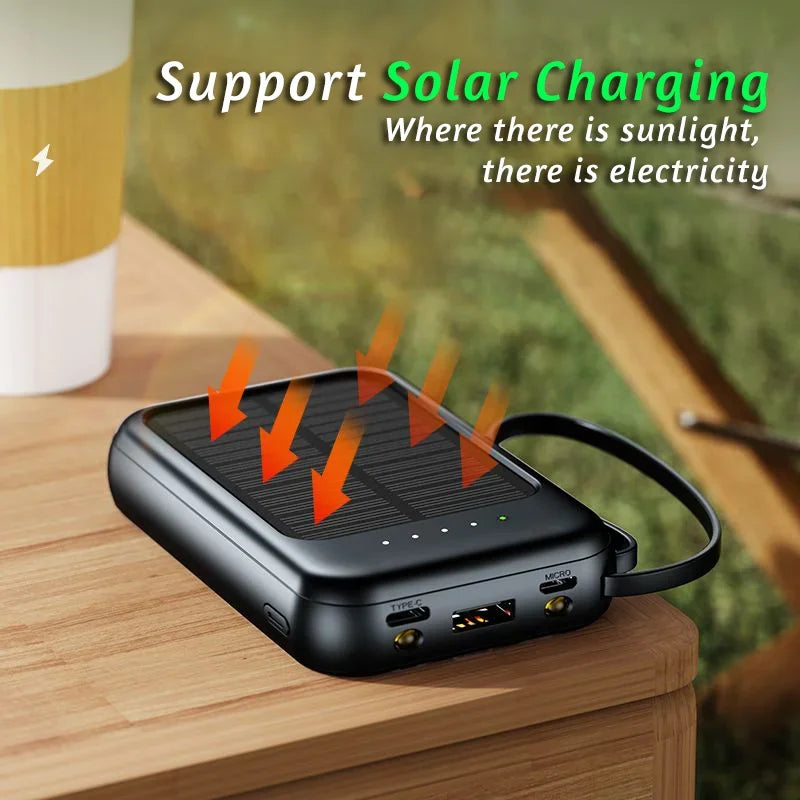50000mAh High Capacity Solar Power Bank Built in Cable Solar Charger 2-USB Ports External Charger Power Bank LED Light 2026 New