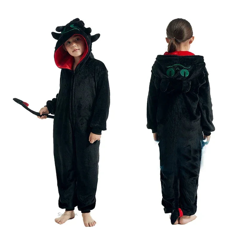 4 6 8 10 12 Years Girls Black Cat Jumpsuits Unicorn Pajamas Kigurumi Toddler Kids Hooded Flannel Home Wear Children Onesie
