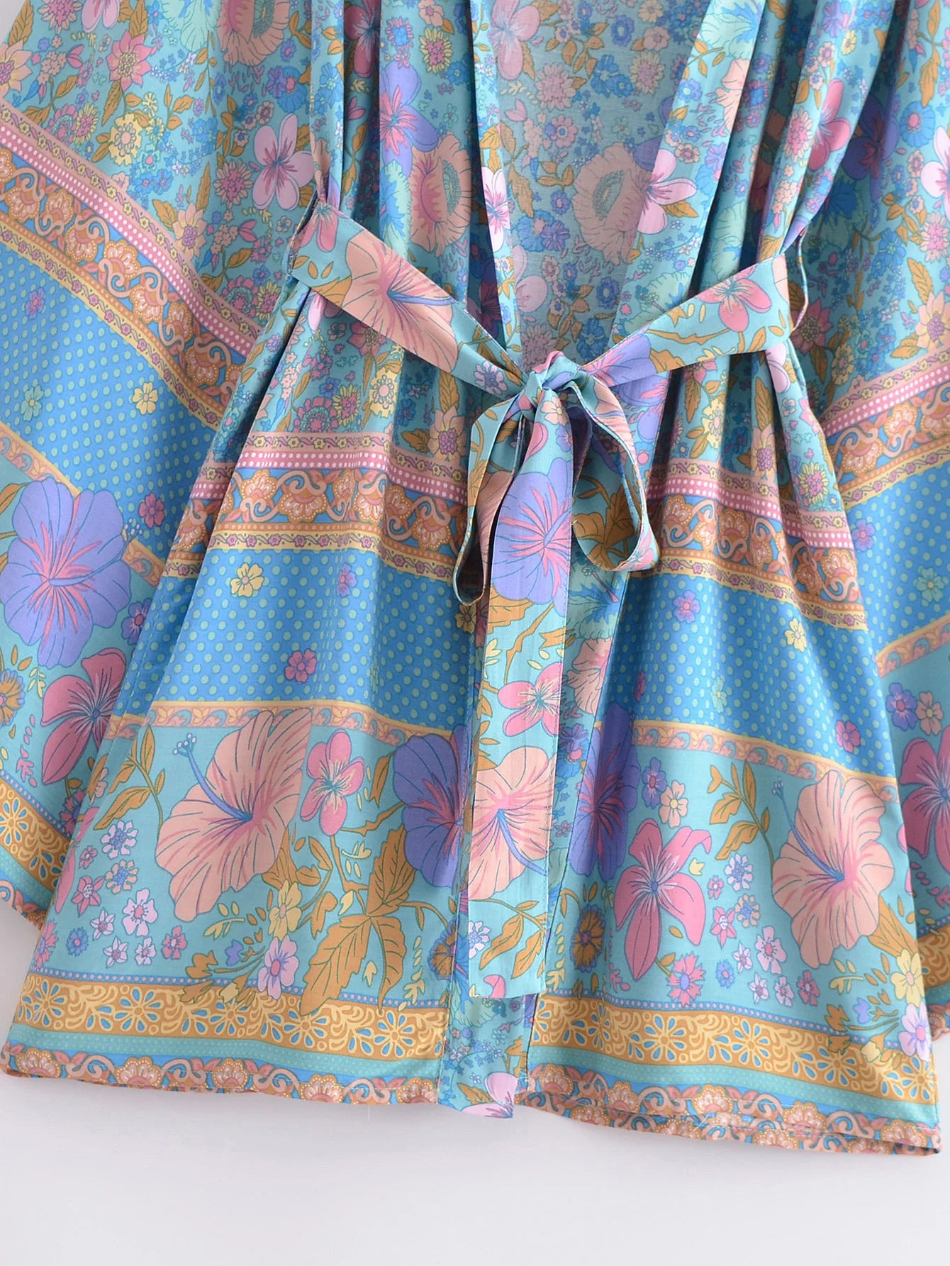 BOHO Women Blue With Pink Flower Print Kimono Shirt Holiday Tide Bow Sashes Mid Long Cardigan Summer Blouse Beach Cape