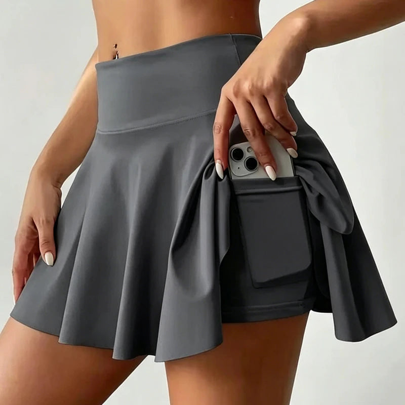 Women Quick Drying Sports Tennis Skirt Solid Color High Waist Inner Pocket Athletic Yoga Skirt Female Running Fitness Mini Skirt