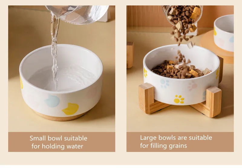 Ceramics Dog Bowl with Wood Mat Wide Mouth Feeding Bowls Food and Water Pet Feeder for Cat Puppy Protecting Cervical Spine