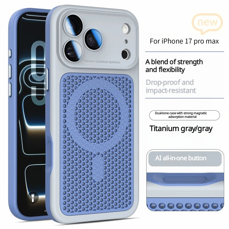 Heat Dissipation Mesh Magnetic Case for iPhone 17 15 14 13 12 16 Pro Max Plus For Magsafe Lens Protector Shockproof Bumper Cover