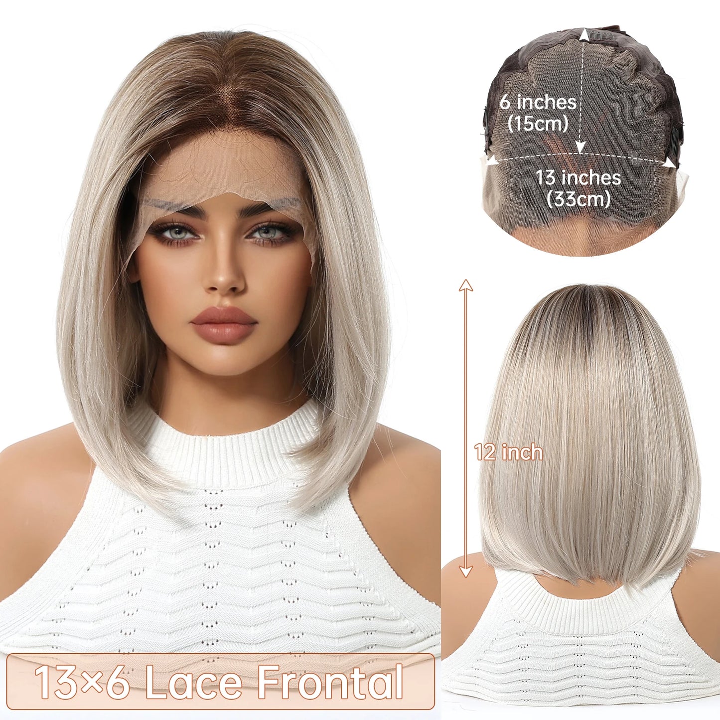 Topshe Short Bob 13x6 HD Lace Front Wig Ombre Blonde Straight Synthetic Wigs Glueless Pre-Plucked Heat Resistant Fiber Daily