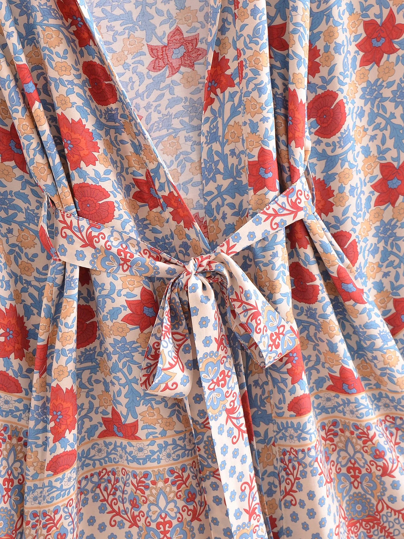 BOHO Women Blue With Pink Flower Print Kimono Shirt Holiday Tide Bow Sashes Mid Long Cardigan Summer Blouse Beach Cape