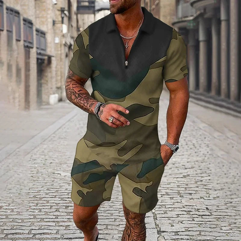 Men Tracksuit Summer New 3D Printed Beach Zipper Polo Shirts Shorts 2 Pcs Sets Boho Geometric Style Holiday Clothing Ropa Hombre