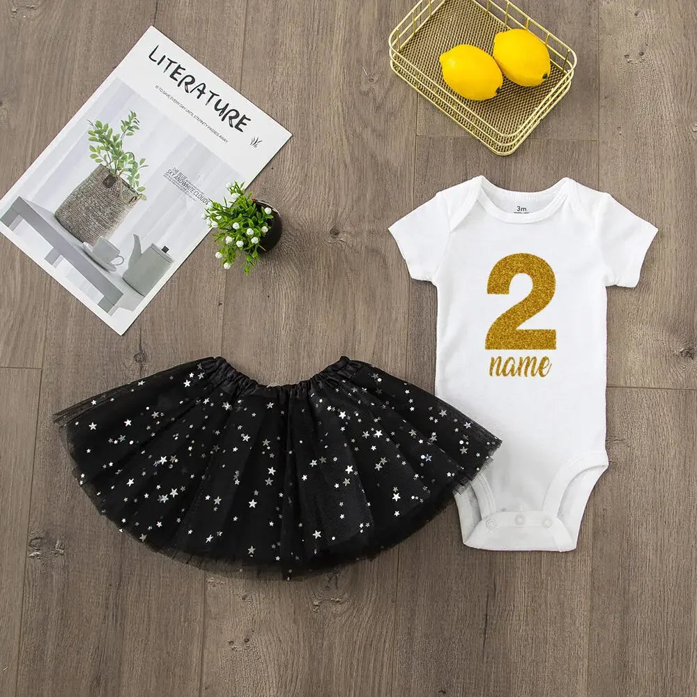 Personalized Birthday Baby Girl Dresses Custom Name Sequin Tutu Skirts Girl Clothes Infant Birthday Gift Baby Short Sleeve Dress