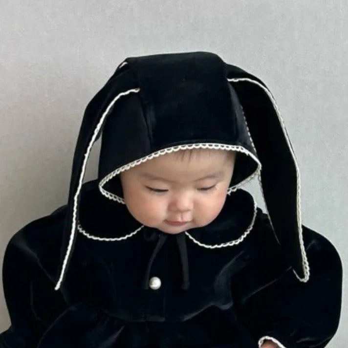 2025 Winter New Baby Girl Long Sleeve Warm Bodysuit + Cute Rabbit Hat 2pcs Set Toddler Girl Fleece Jumpsuit Infant Clothes