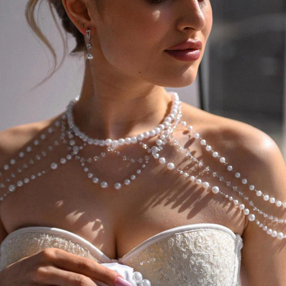 Multilayer Pearl Shoulder Chain Necklace Dress Women Accessories Elegant Banquet Rhinestone Bridal Body Chain Wedding Jewelry