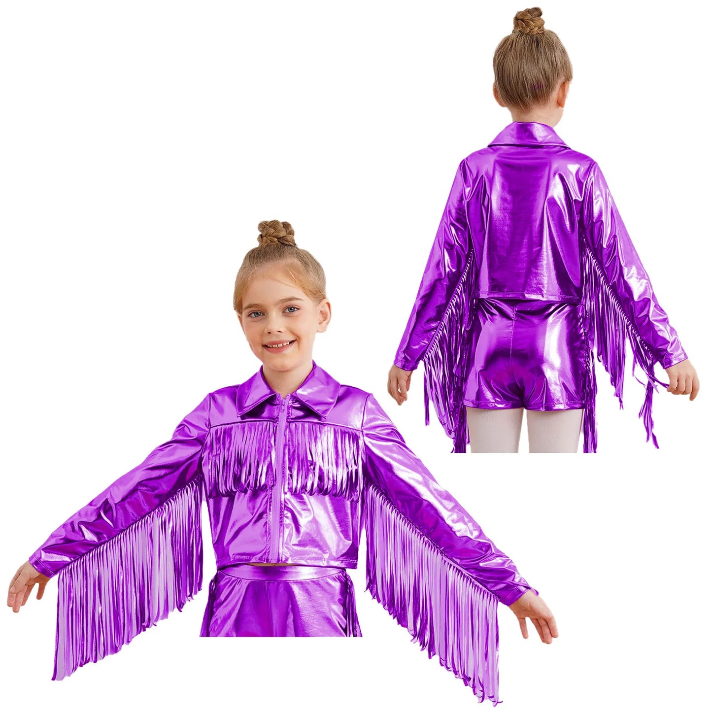 Girl's Tassels Jackets Streetwear Metallic Jazz Dance Costume Turn-Down Collar Childs Fashion Fringe Coats Jacket Party Jacket