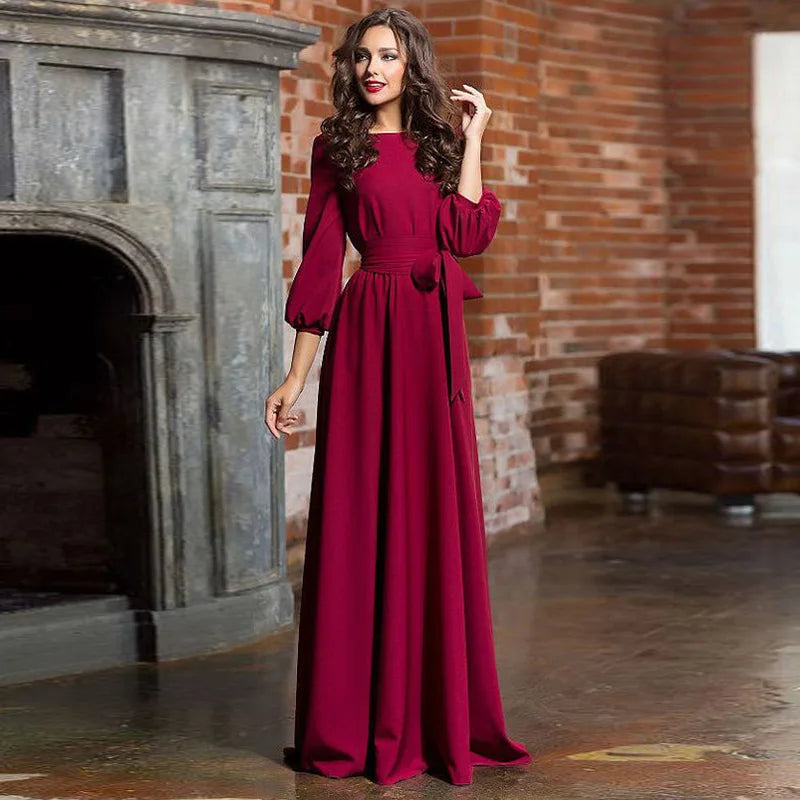 Bohemian Long Summer Dress Casual Lantern Sleeve round Neck Dress Polyester Fiber Mid Waist Print Patchwork Urban Casual Style