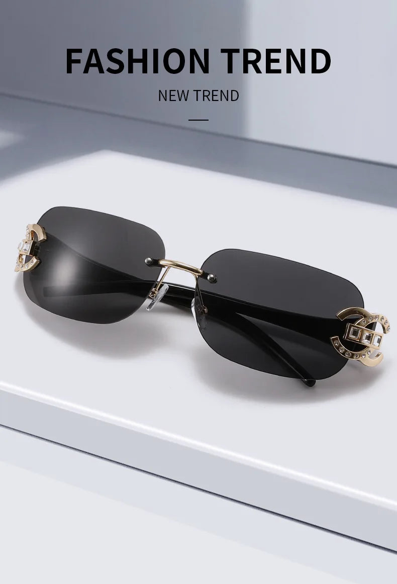 Sexy Popular Ins Rimless Square Sunglasses for Women Luxury Brand Design Diamond Punk Sun Glasses Cute Pink Shades Girls Eyewear