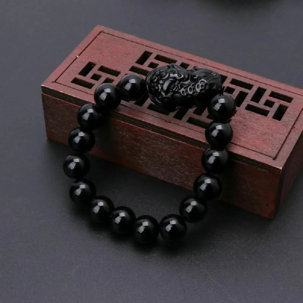 Fashion Jewelry Unisex Pixiu Men Attract Wealth Women Bracelets Obsidian Stone Beads Wristband Good Luck Bangle