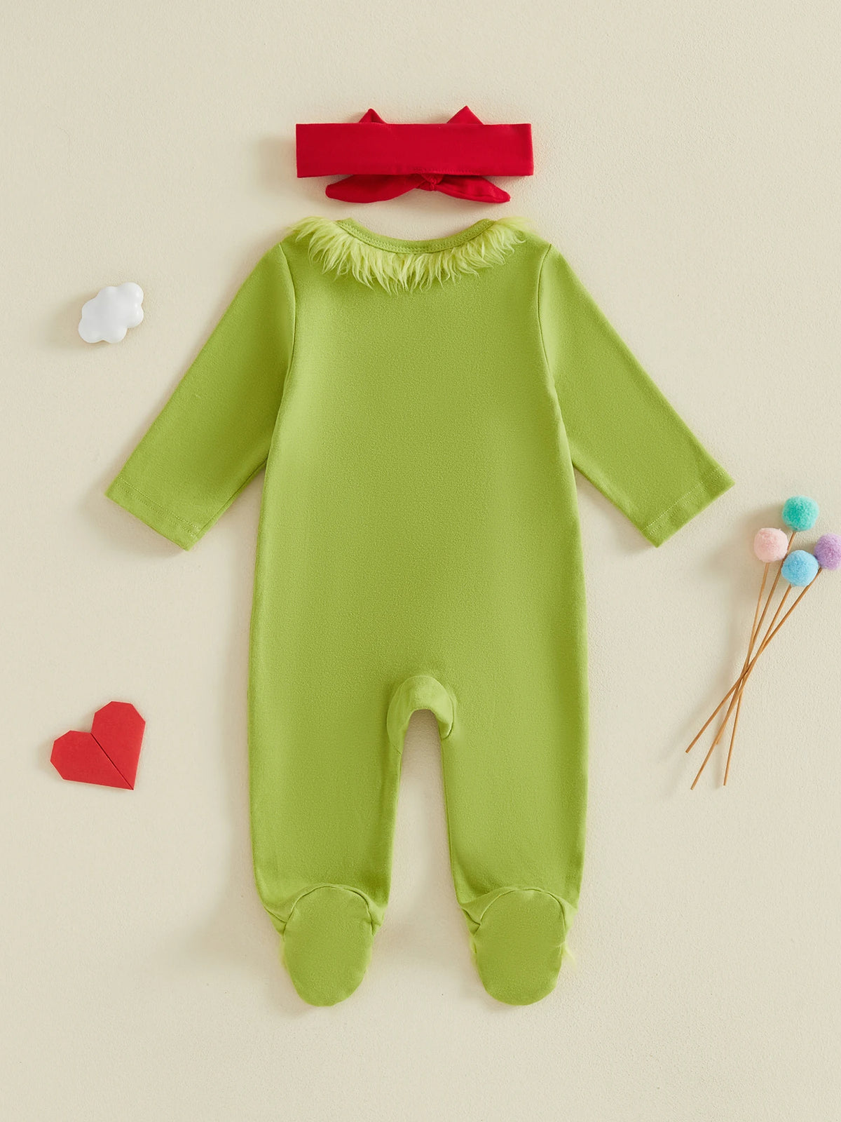 Baby Girls Christmas Ruffles Zipper Romper Green Plush Trim Jumpsuits and Headband Winter Baby Playsuits Clothes
