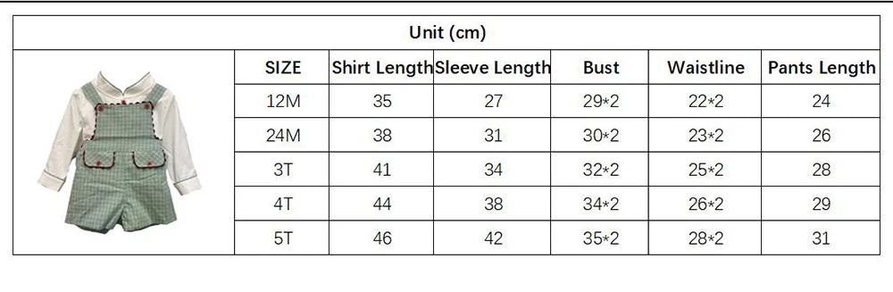 Children's Boutique Clothing Autumn Toddler Boys Cotton Long Sleeve Set White Shirt Green Plaid Bib Pants British Style