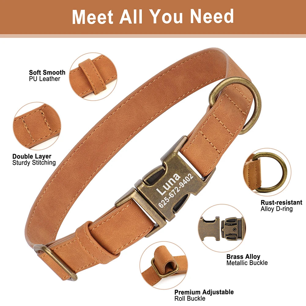 Personalized Dog Collar Customized PU Leather Dogs Collars Pet Name ID Buckle Necklace for Small Medium Large Dogs Pitbull Pug
