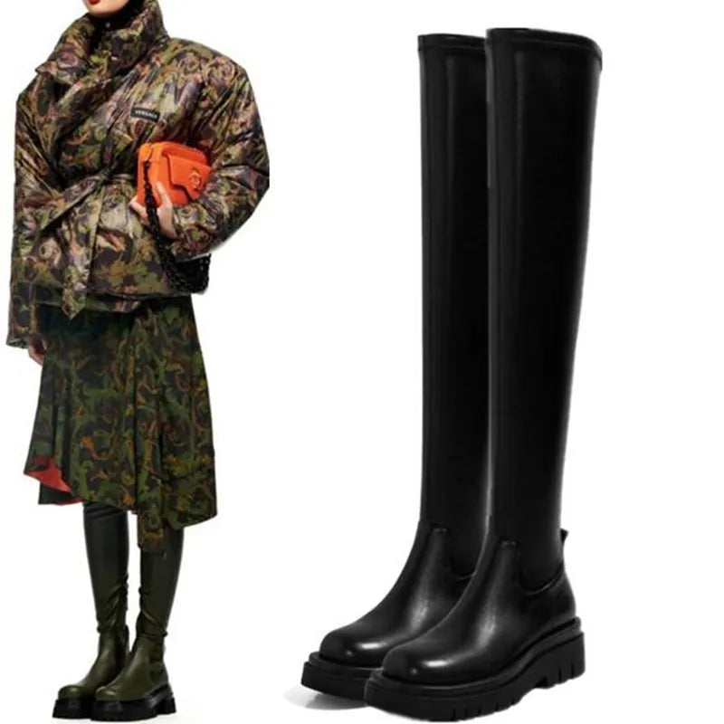 Gladiator Motorcycles Over The Knee High Boots Women 2022 Winter New Platform Chelsea Female Shoes Designer Snow Stretch Botas