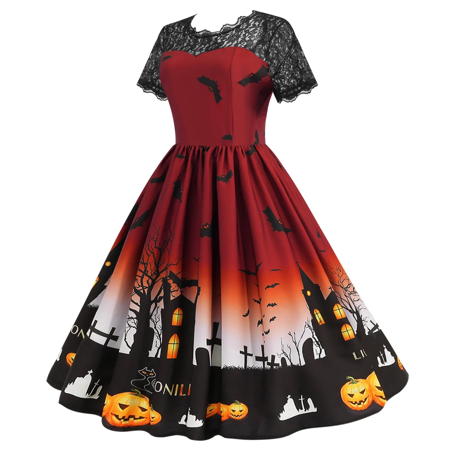 Halloween Gothic Dress Costume - Women's Retro Lace round Neck Short-Sleeved Printed Maxi Dress for Cosplay Party