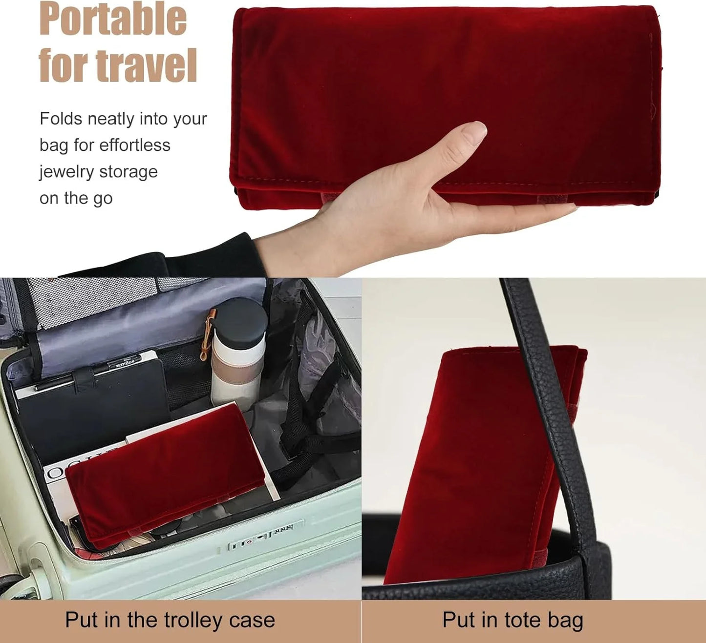 Burgundy Velvet Jewelry Roll Bag Portable Foldable for Necklace Earrings Ring Travel Exhibitions Organizer Storage Bag