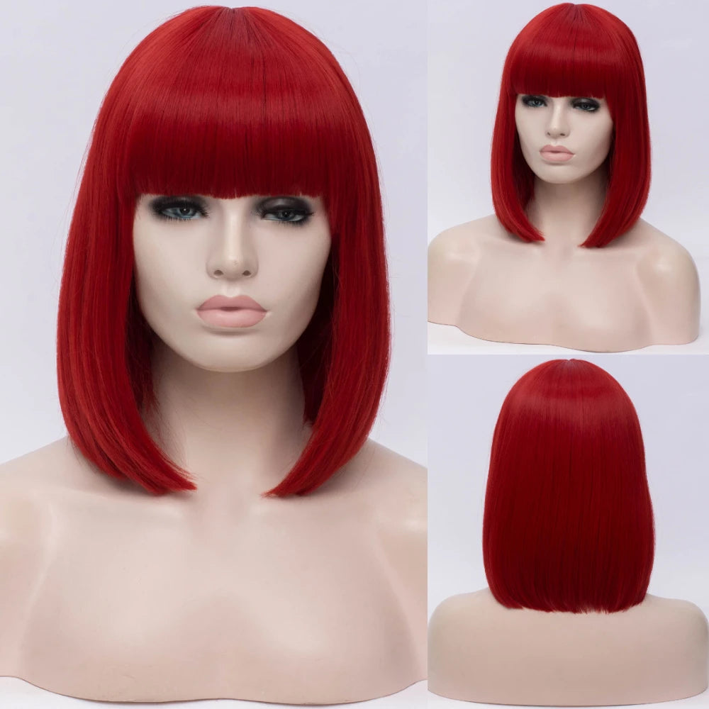 MSIWIGS Women Synthetic Straight Short Bob Wigs With Bangs Blue Golden Red Black White Purple Green Brown Cosplay Wig Female
