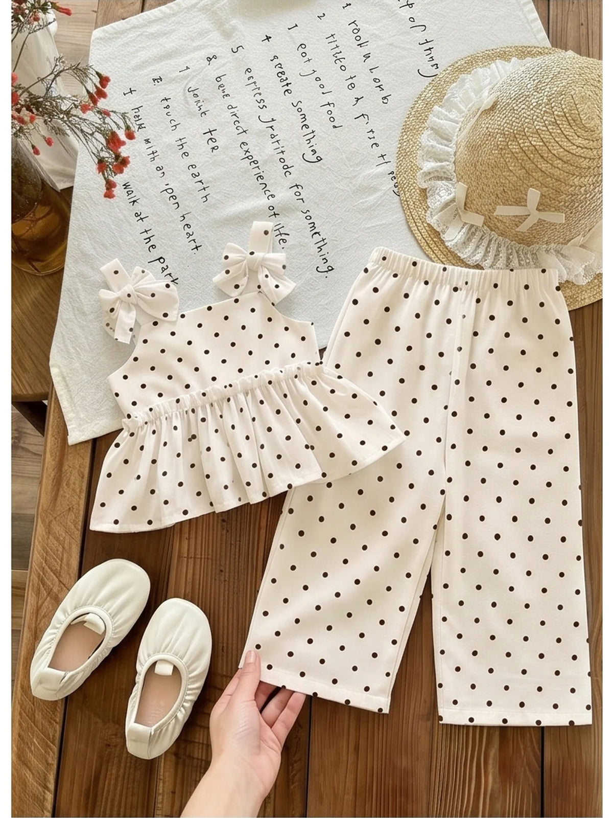 Baby Children's Clothing Set with Thick Shoulder Strap Bow Detail Stripe Color Block Skirt Top And Elastic Waist Striped Pants C