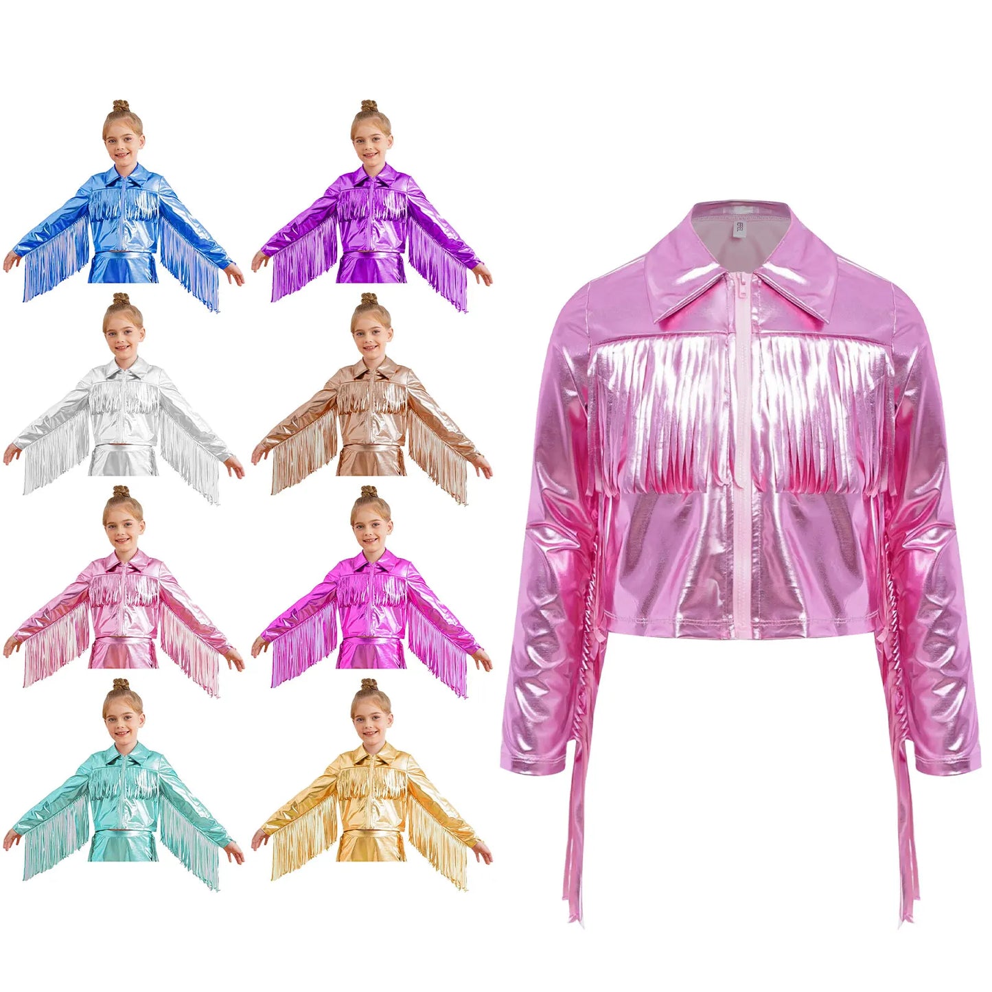Girl's Tassels Jackets Streetwear Metallic Jazz Dance Costume Turn-Down Collar Childs Fashion Fringe Coats Jacket Party Jacket