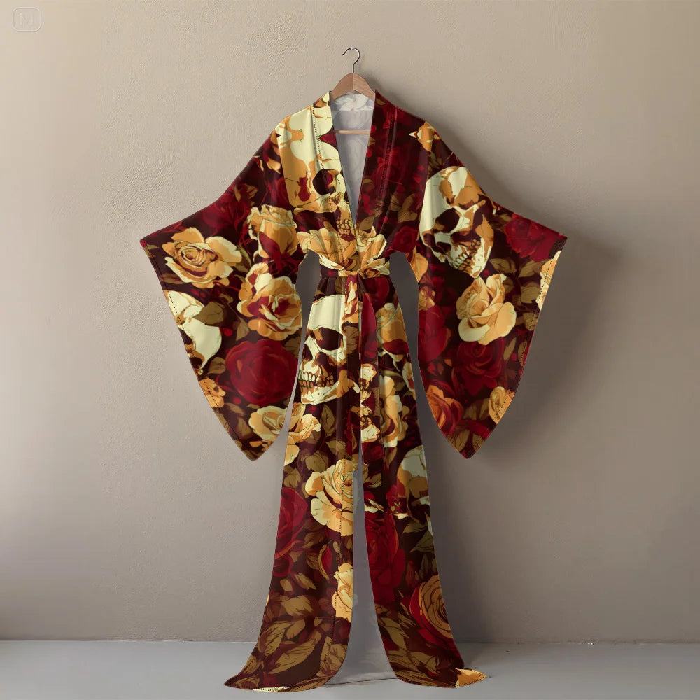 Halloween Cosplay Women's Sexy V-Neck Robe with Abstract Ghost Print - Long Sleeve Party Costume Unique Vampire Witch Long Robe