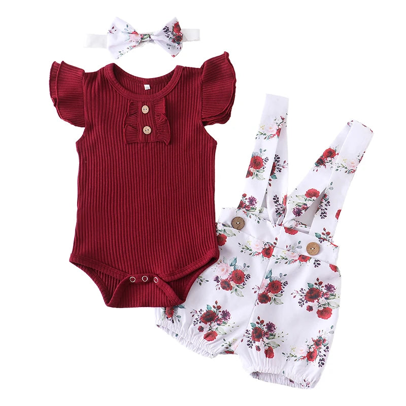 Summer Baby Girl Clothes Set Fashion Newborn Infant Knitting Cotton Ruffles Romper Shorts Bow Headband 3Pcs For Toddler Outfits