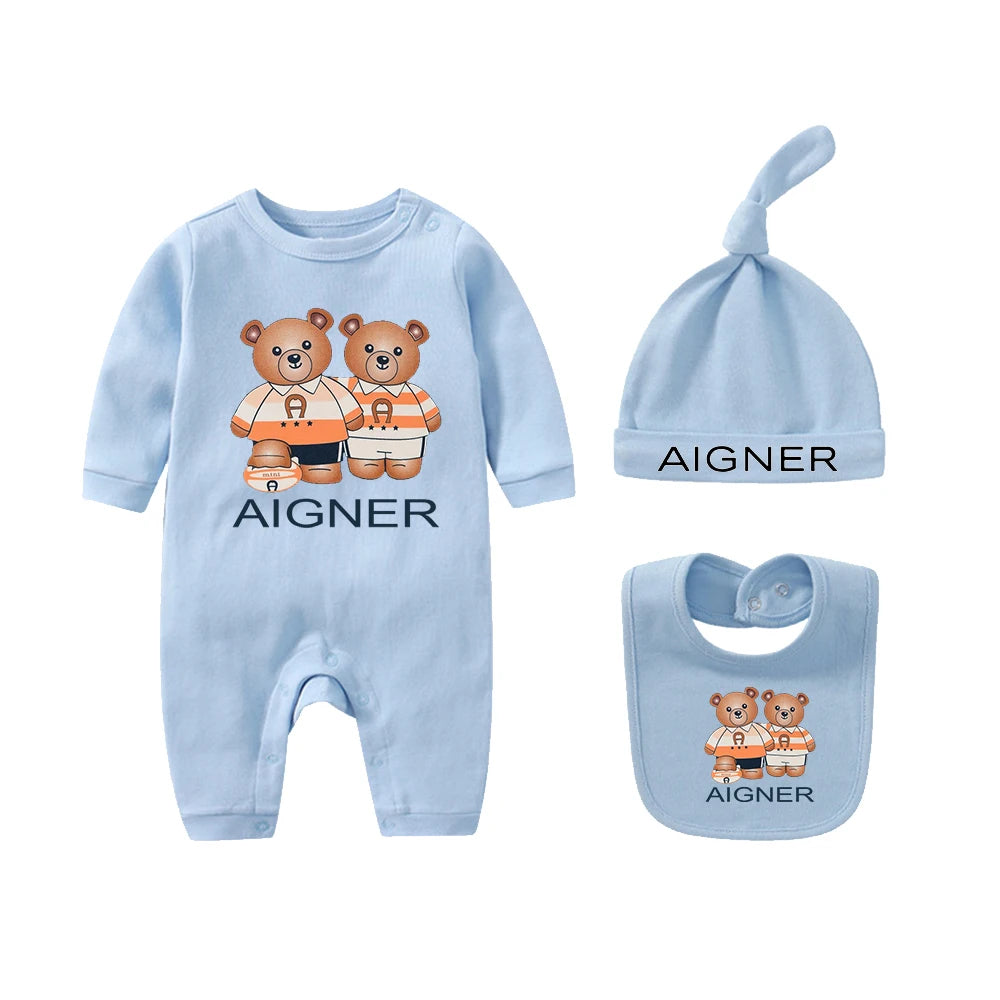 Popular bear jumpsuit, newborn autumn clothing hot selling, soft bib scarf hat, toddler jumpsuit set, baby long sleeved jumpsuit