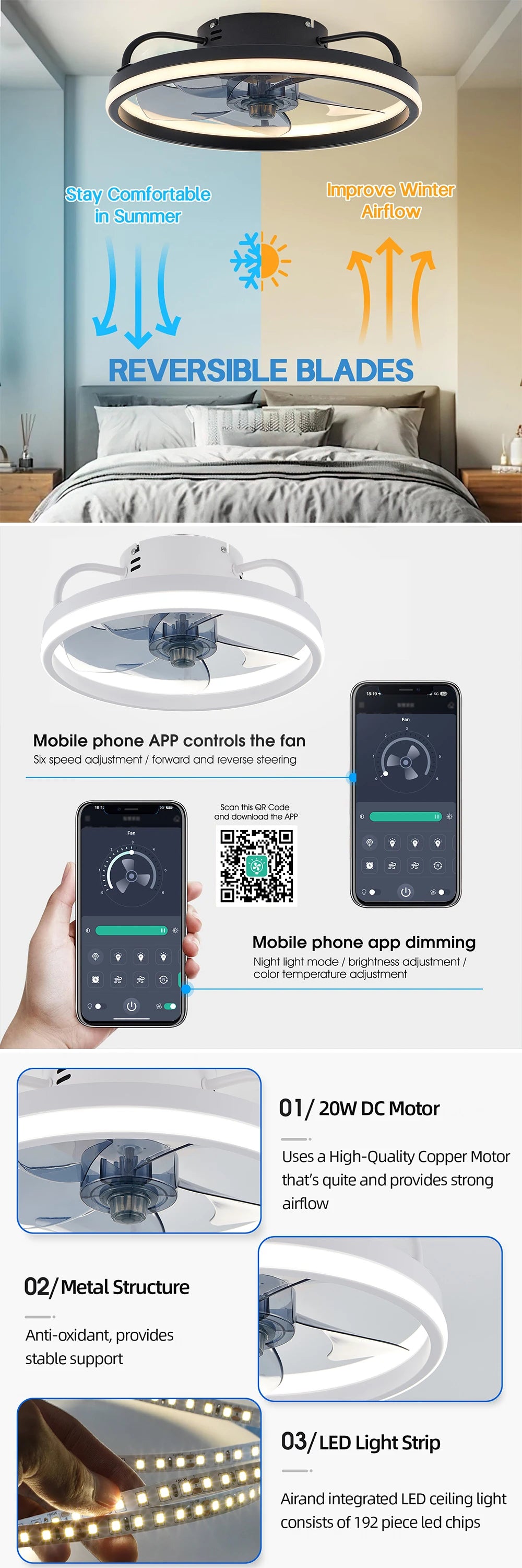 Cool Ceiling Fan Light for Bedroom Restaurant Study Room Decoration Electric Fan Intelligent Dimming Forward and Reverse Fan