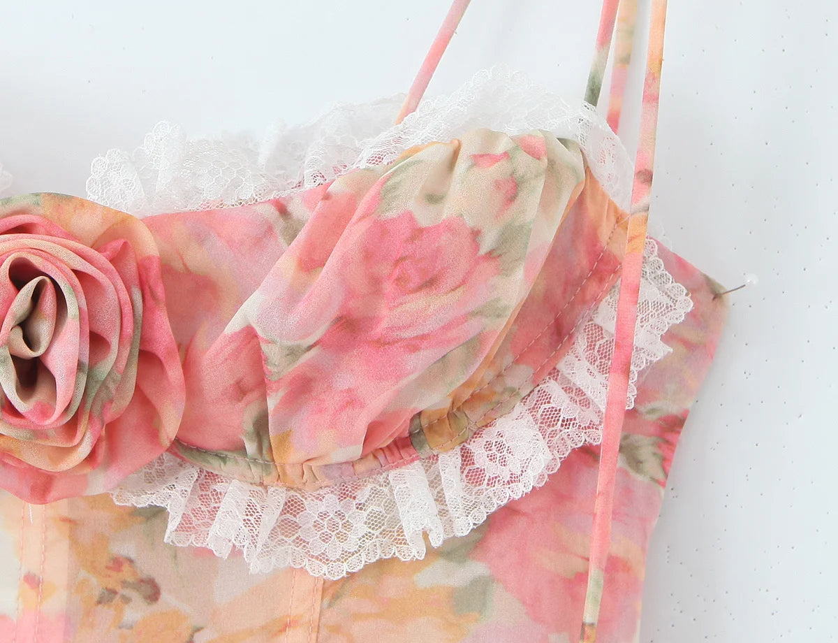 YENKYE Sexy Sling Floral Print Boho Beach Dress Women New 226  Lace Trim  Irregular Hem Holiday Summer Dresses Short Robe