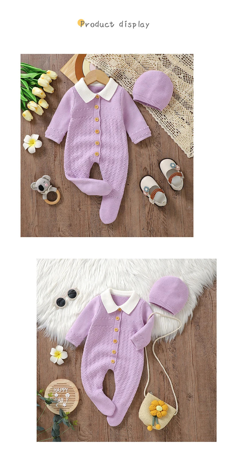 Baby Rompers Set Knit Infant Children Clothes Hat 0-9M Fashion Solid Newborn Girls Jumpsuit Long Sleeve Overalls Pantyhose 2pcs