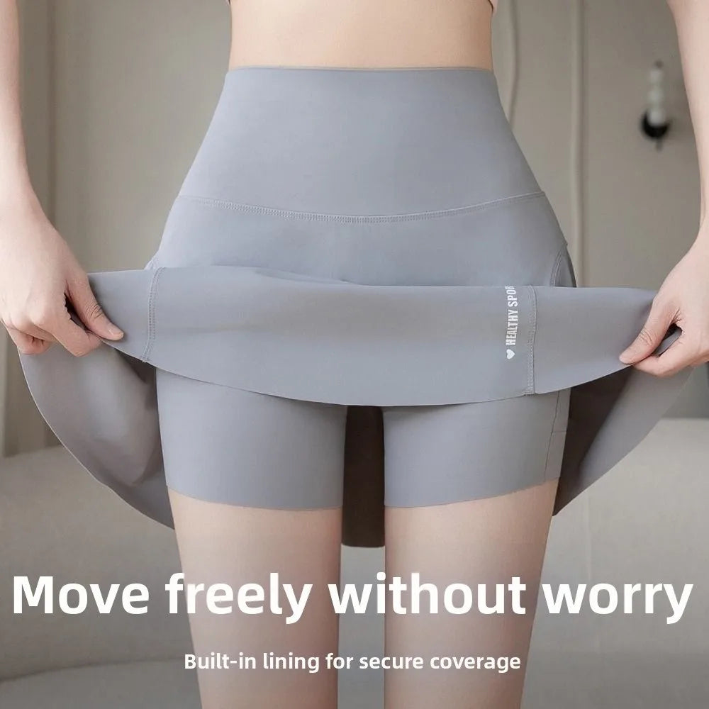 New Elastic High Waist Yoga Skorts Built in Pockets Anti-exposure Sport Running Shorts Quick-drying Cycling Skorts Summer Sports