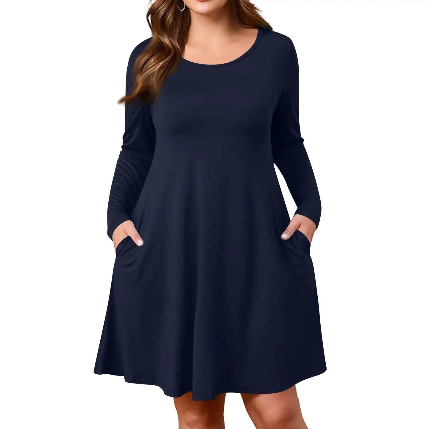 Plus Size Dress for Women Solid-Colour Casual Dress Spring/Autumn Pocket Round Neck Long-Sleeved Dresses vestidos femenino