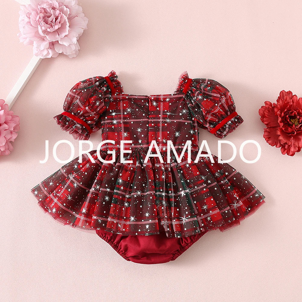 Christmas Summer Baby Girl Sister Matching Outfit Puff Sleeve Big Bow Festive Party Princess Bodysuit Halloween Dresses H2688