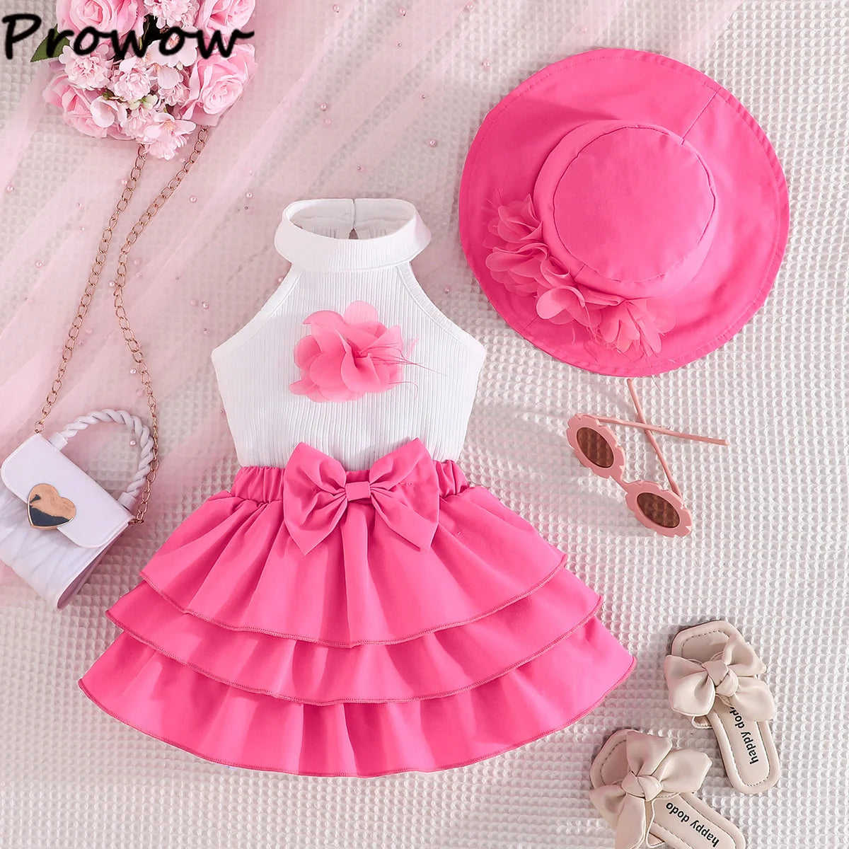 Toddler Girl Outfit Sets Sleeveless Turtleneck Fixed Flower T-shirt+Layered Skirt+Sun Hat Summer 3pcs Sets For Baby Girl Clothes