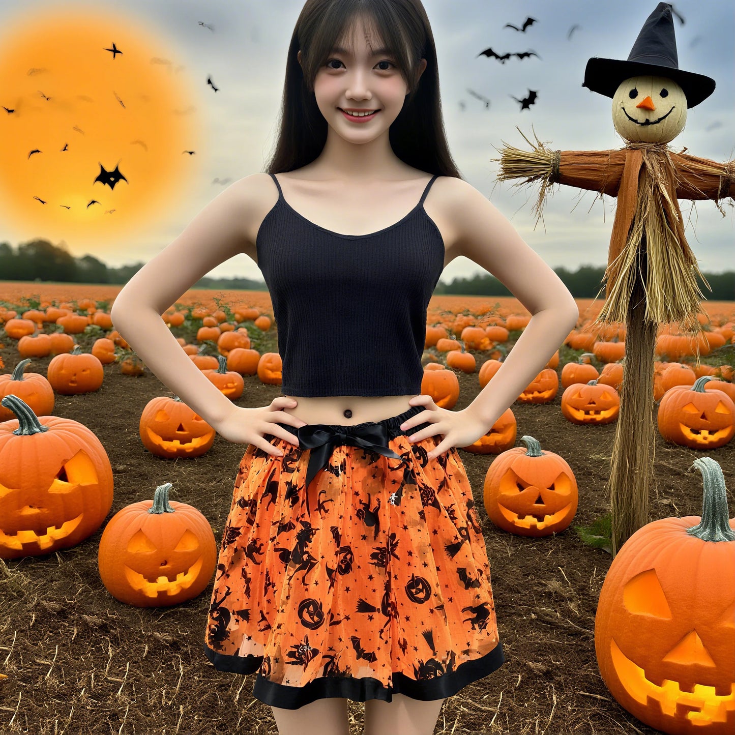 Halloween Adults Tulle Skirt Adorned with bats pumpkins stars this orange tulle skirt has a black bow waist  trim