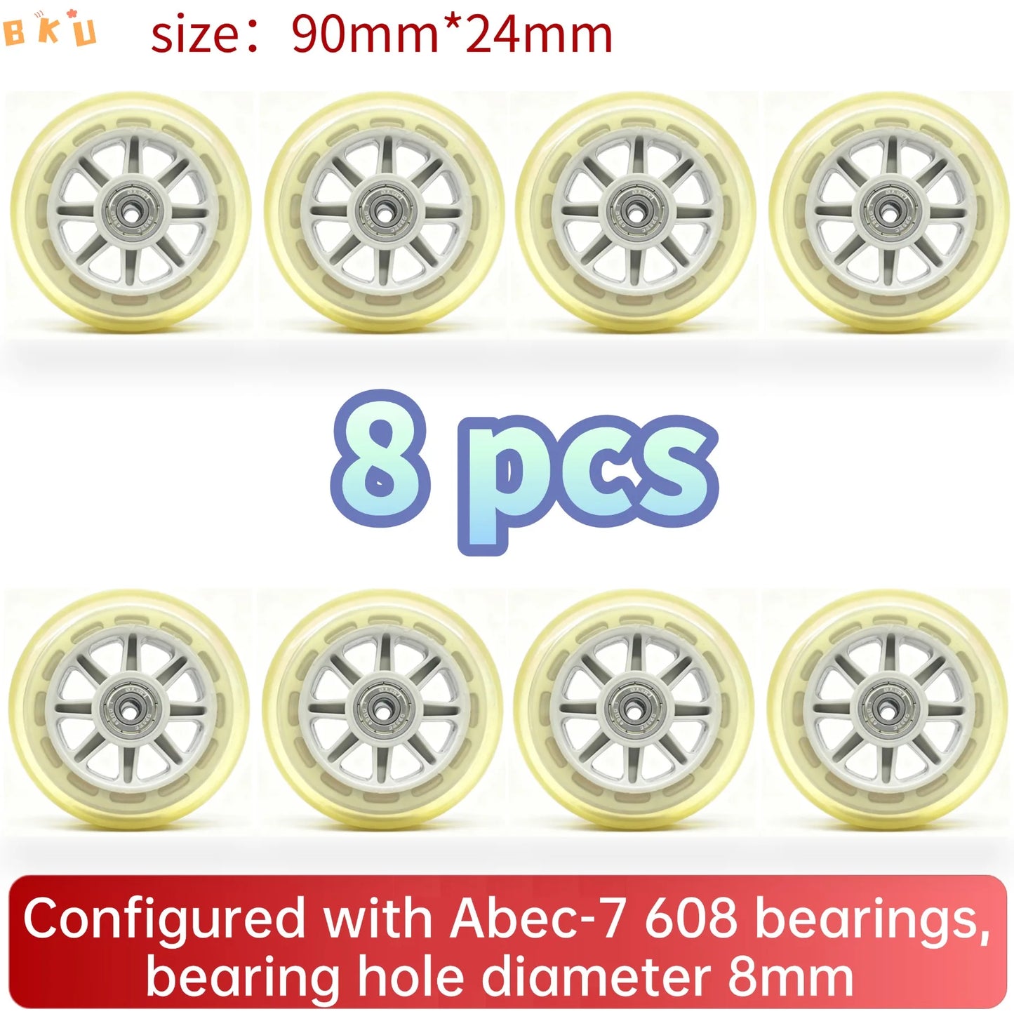 8pcs Universal 90mm PU Wheels for Inline Skates Luggage Stroller with ABEC-7 608 Bearings 12 Color Variants 8mm Inner Hole