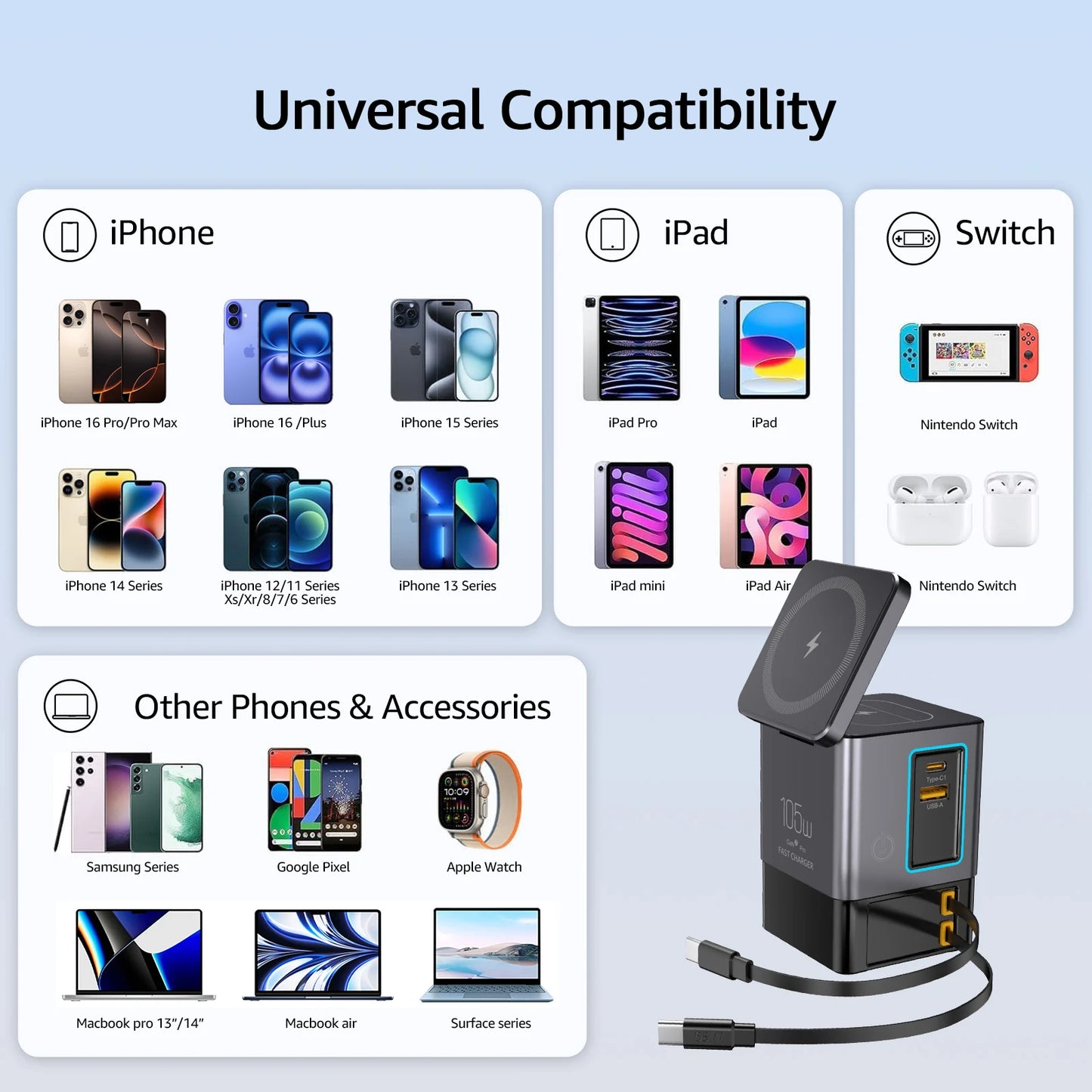 105W 6 In 1 Magnetic Wireless Charger Stand for iPhone Airpod Power Combo Tower with Retractable USB-C Cable Charger Station