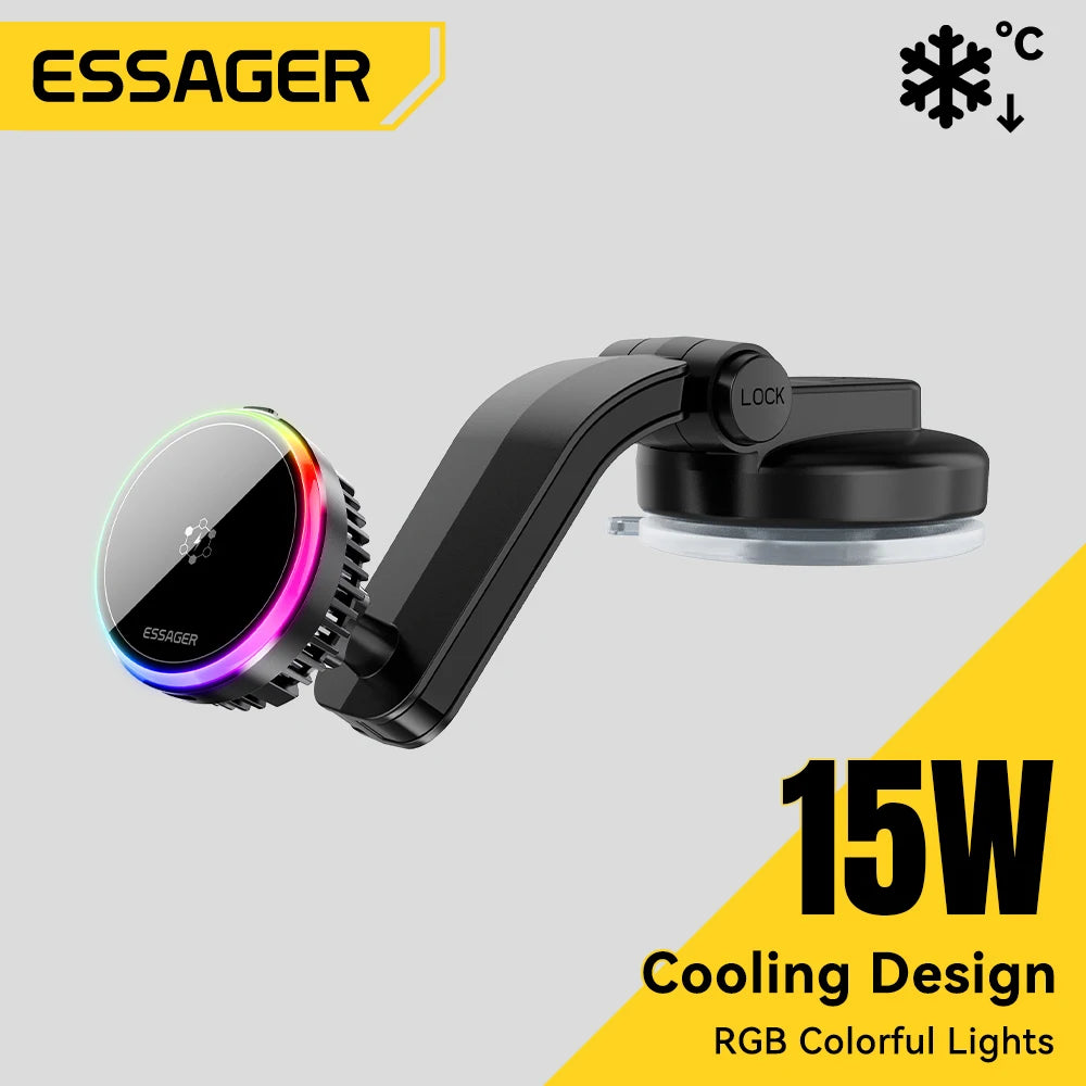 Essager Cooling Magnetic Car Wireless Charger 15W Fast Charging Station For Magsafe iPhone 16 Huawei 360° Roation Phone Holder