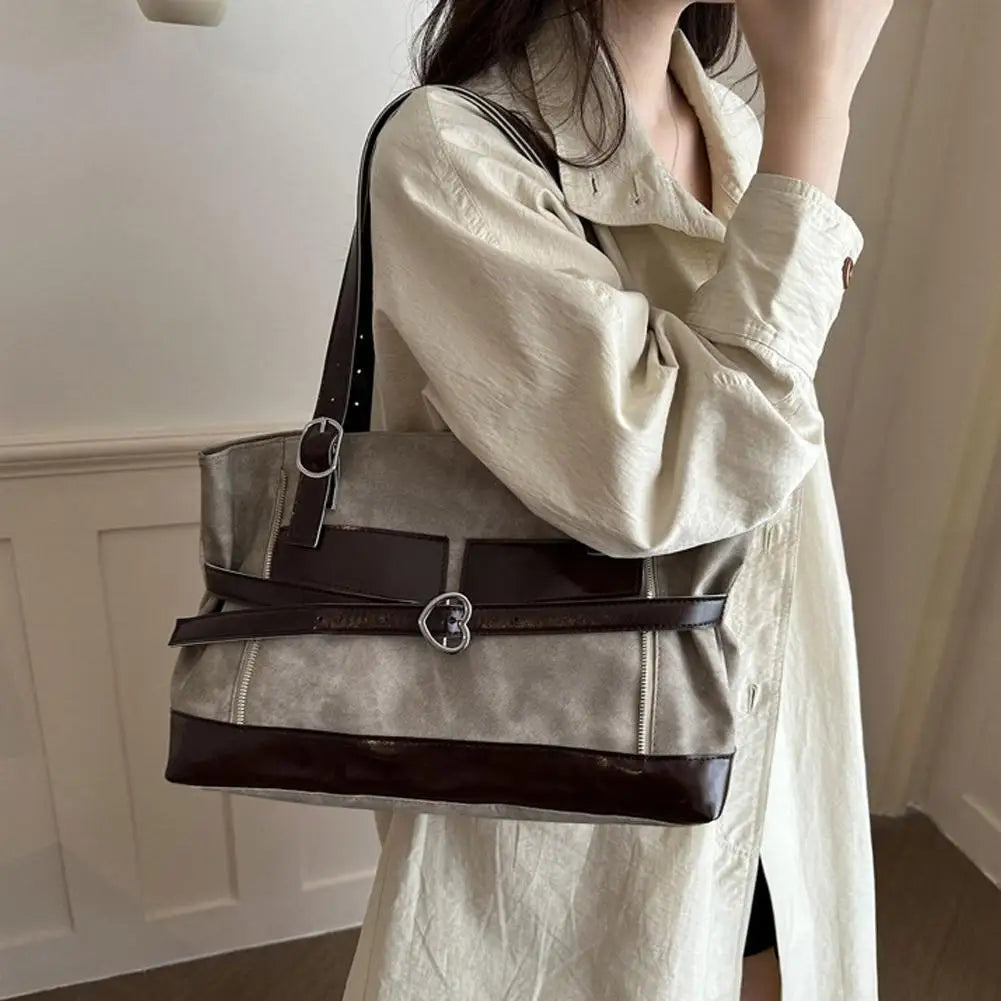 Retro Belt Buckle Underarm Shoulder Bag Women Large Capacity Commuter Tote Bag Vintage Casual Handbag Female Purse